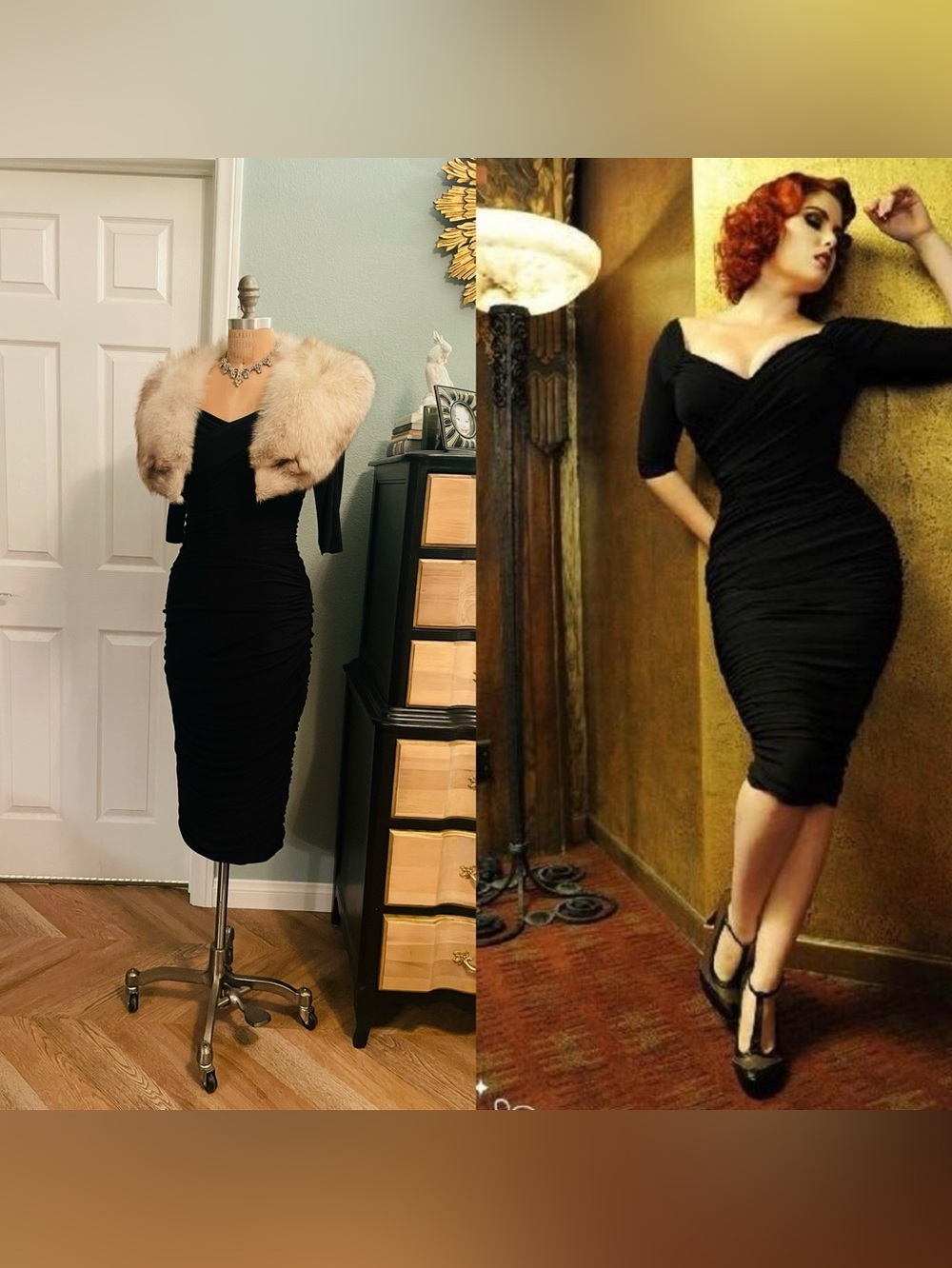 ♥️ Elegant Black Ruched Midi Wiggle Dress, Monica dress pin up couture.